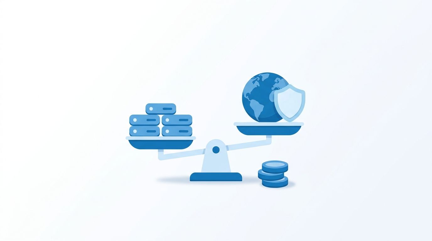 Una bilancia che confronta diverse soluzioni di cache e distribuzione dei contenuti con la rete iWebLab Edge, accanto a qualche moneta